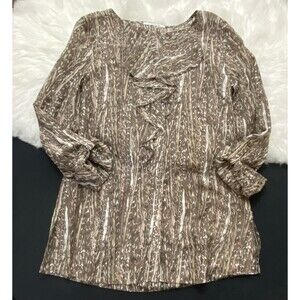 Tahari Sz XS Silk/Cotton Blend Semi Sheer Ruffle Front Roll Tab Sleeve Top